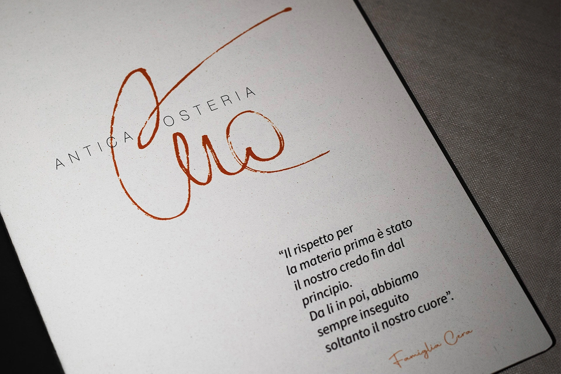 Menu di Antica Osteria Cera con firma di Lionello Cera