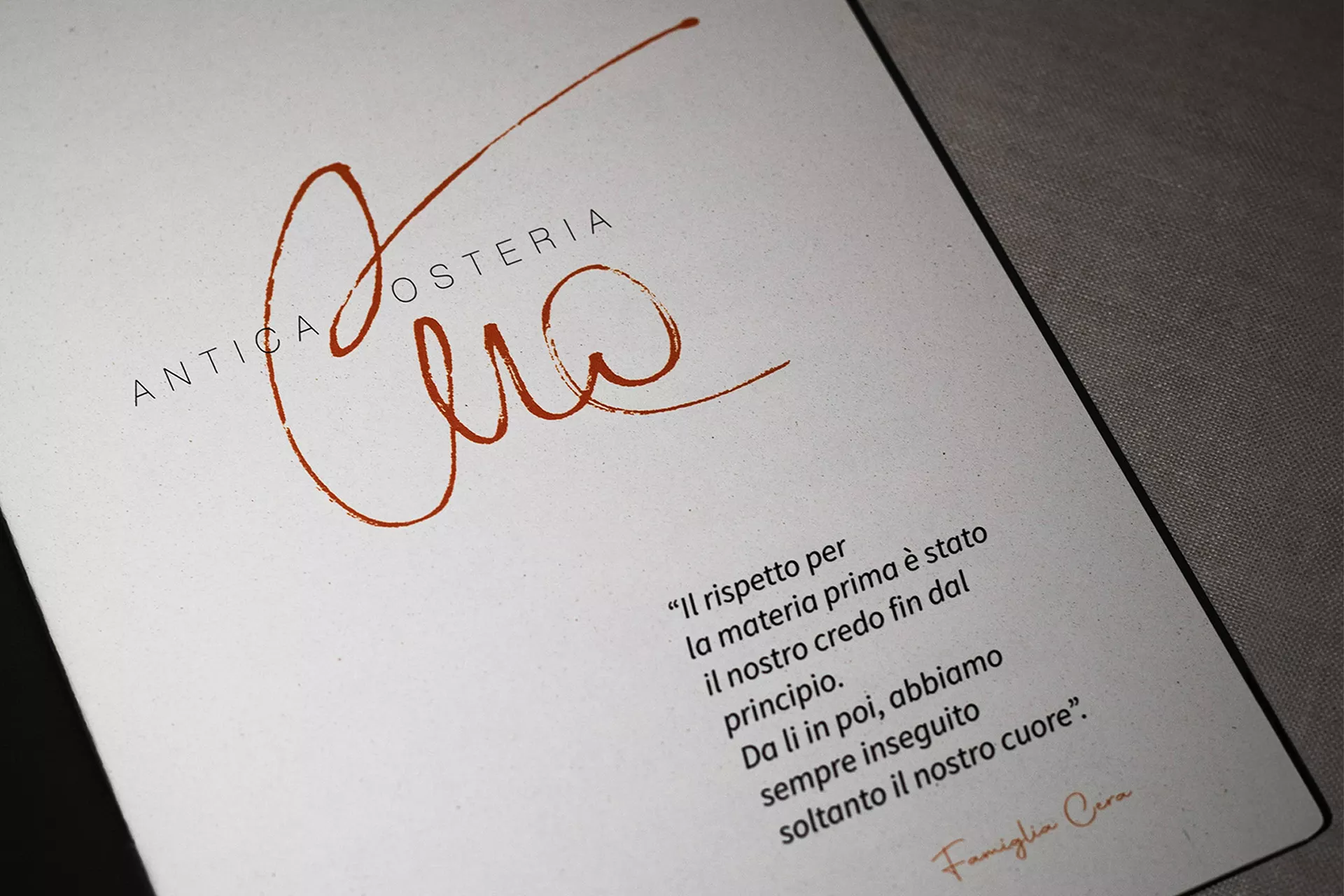 Menu di Antica Osteria Cera con firma di Lionello Cera